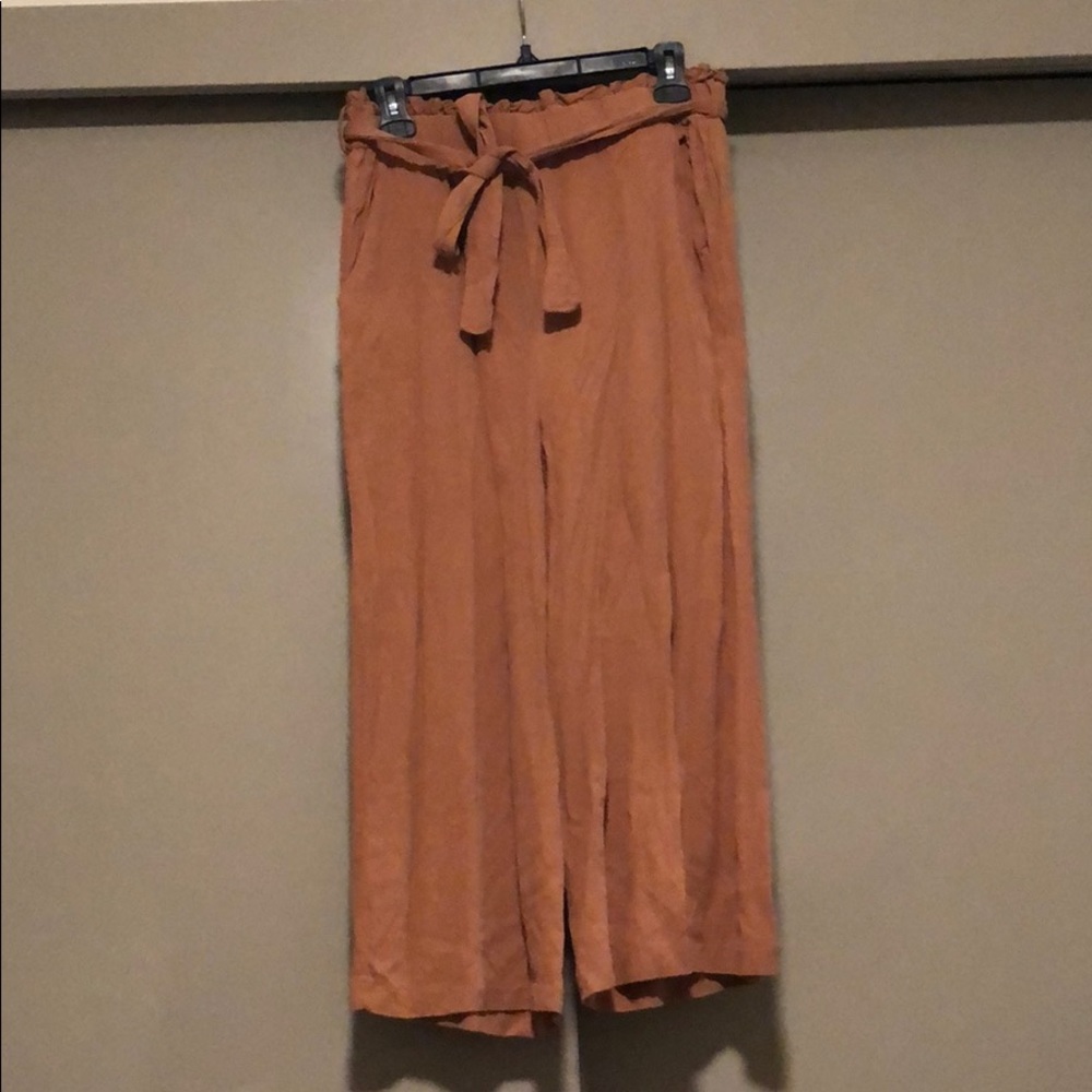 Tan Capri linen pants with waist tie